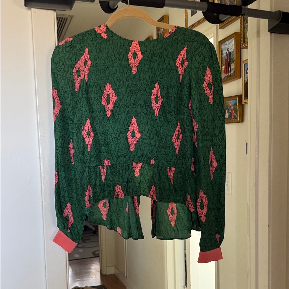 RARE In god we trust silk Green & Pink Printed Ruffle Hem Long-Sleeve Top